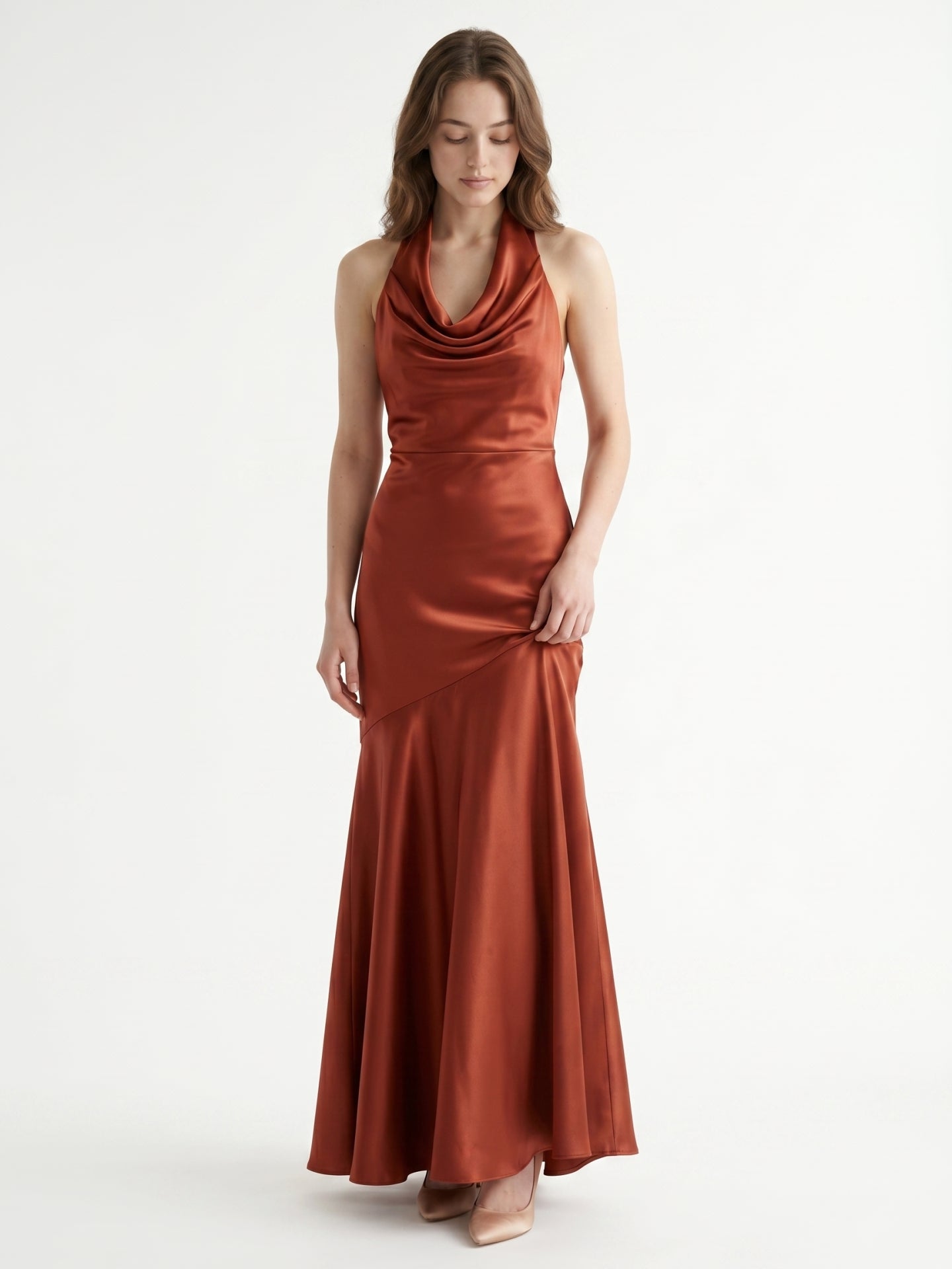Rust Satin Mermaid Halter Backless Floor-Length Bridesmaid Dress with Cascading Ruffles