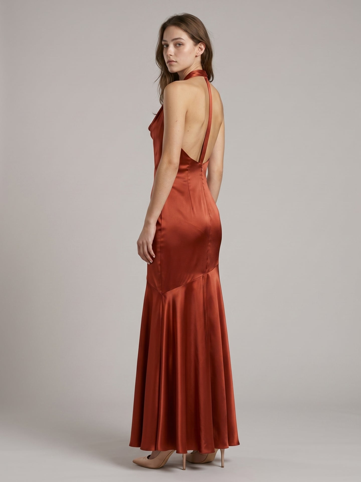 Rust Satin Mermaid Halter Backless Floor-Length Bridesmaid Dress with Cascading Ruffles