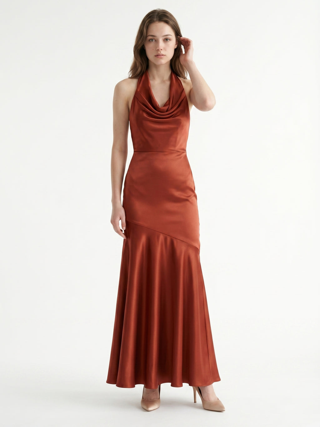 Rust Satin Mermaid Halter Backless Floor-Length Bridesmaid Dress with Cascading Ruffles