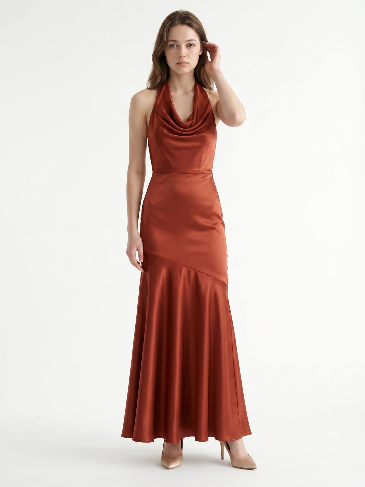 Rust Satin Mermaid Halter Backless Floor-Length Bridesmaid Dress with Cascading Ruffles