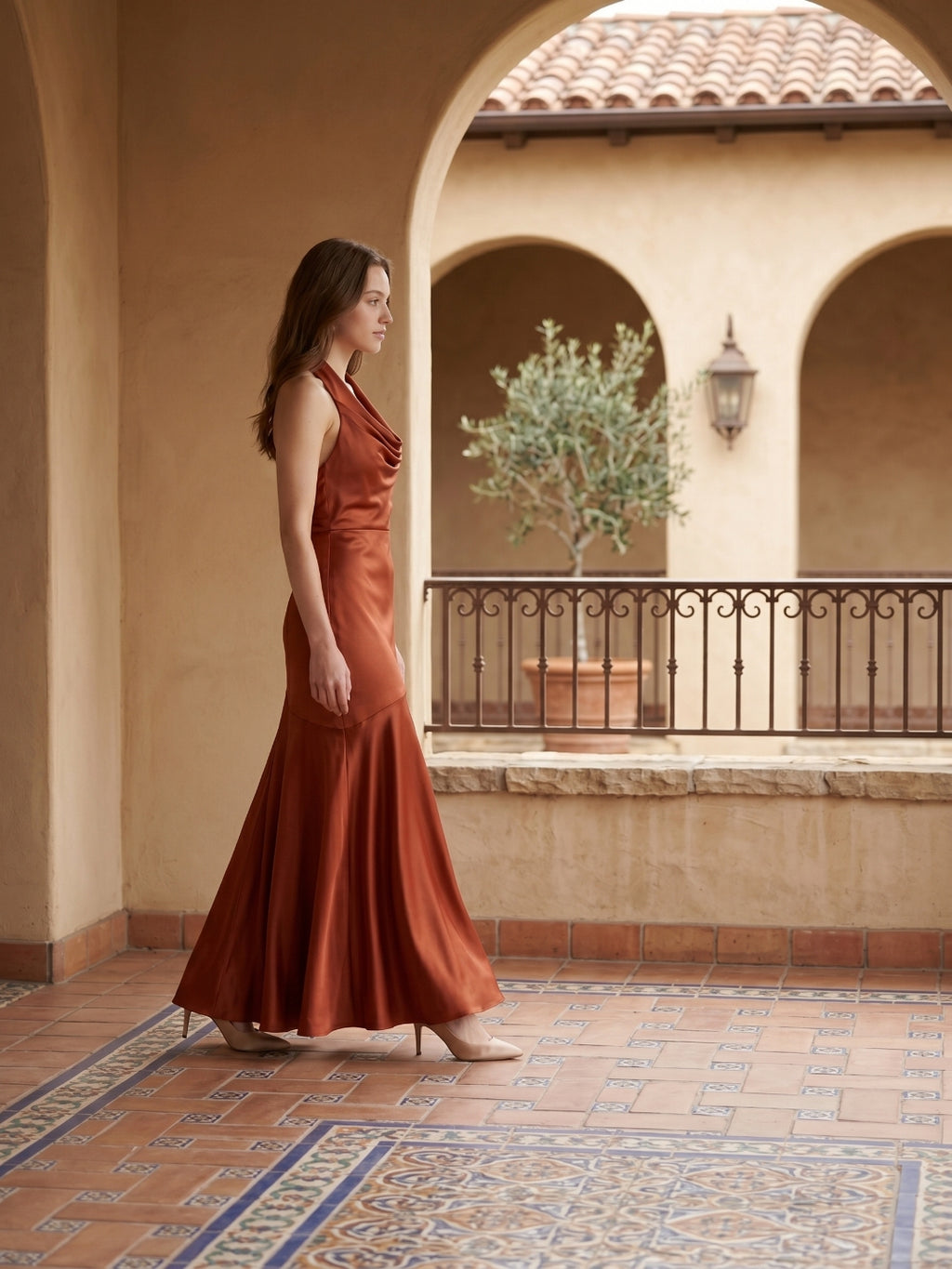 Rust Satin Mermaid Halter Backless Floor-Length Bridesmaid Dress with Cascading Ruffles