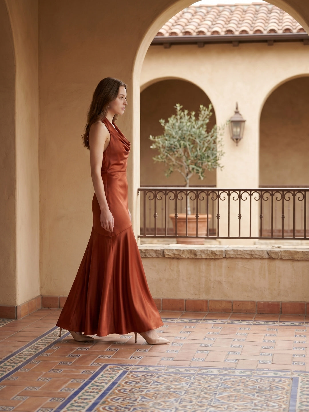 Rust Satin Mermaid Halter Backless Floor-Length Bridesmaid Dress with Cascading Ruffles