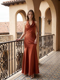 Rust Satin Mermaid Halter Backless Floor-Length Bridesmaid Dress with Cascading Ruffles