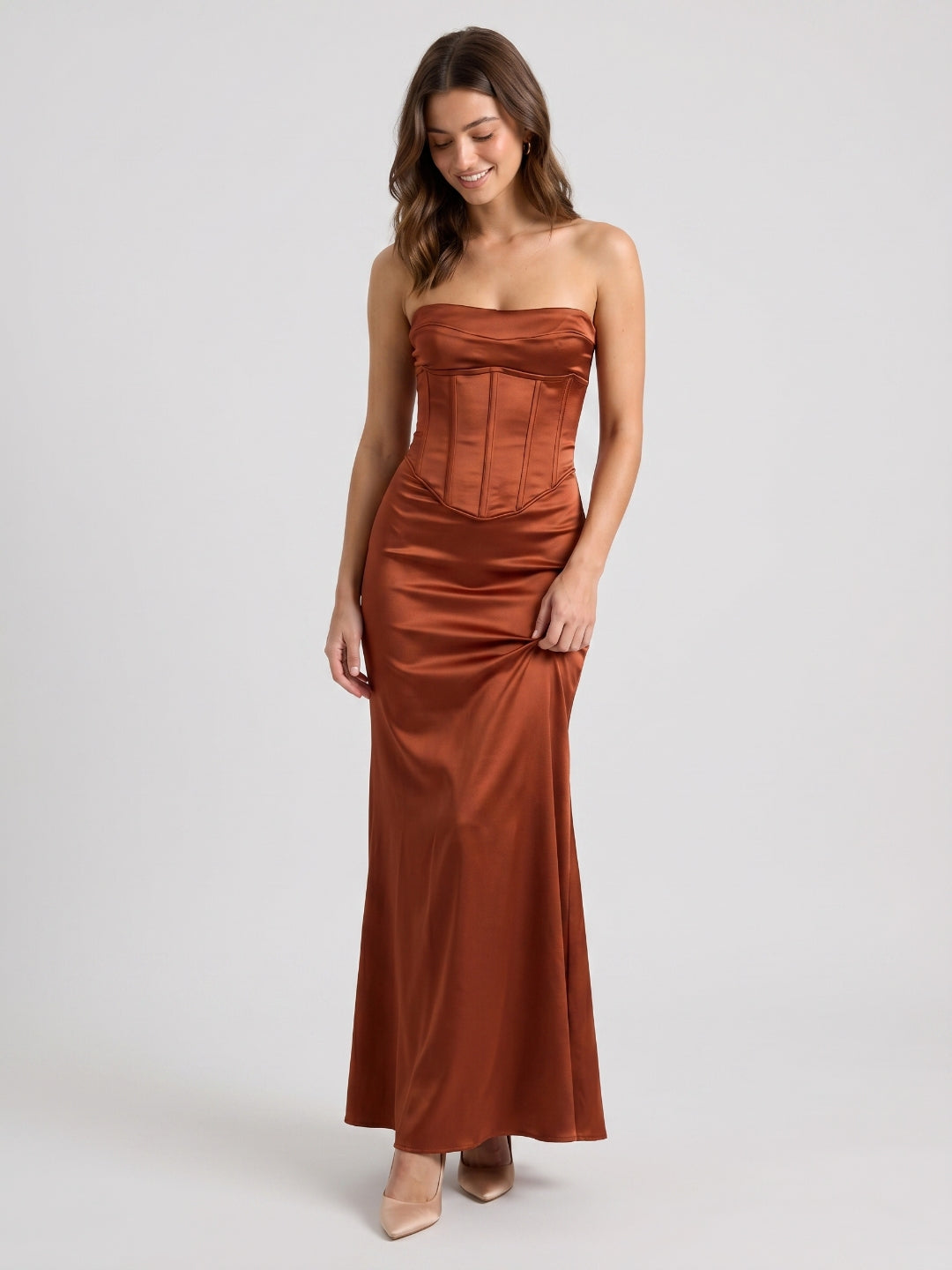 Rust Satin Mermaid Scoop Neck Backless Floor-Length Prom Dress with Pleated Bodice