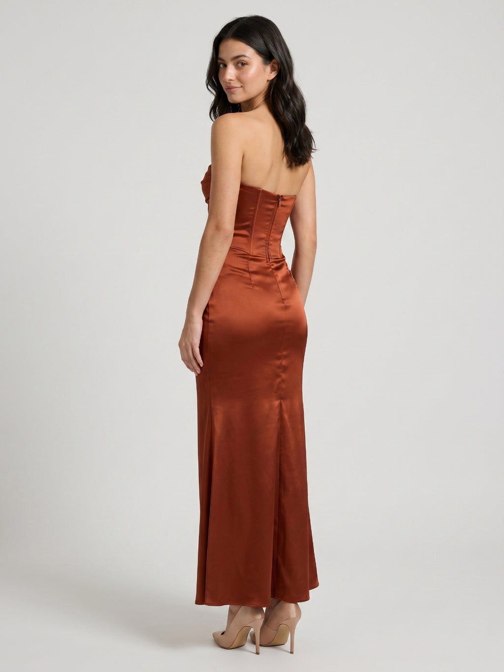 Rust Satin Mermaid Scoop Neck Backless Floor-Length Prom Dress with Pleated Bodice