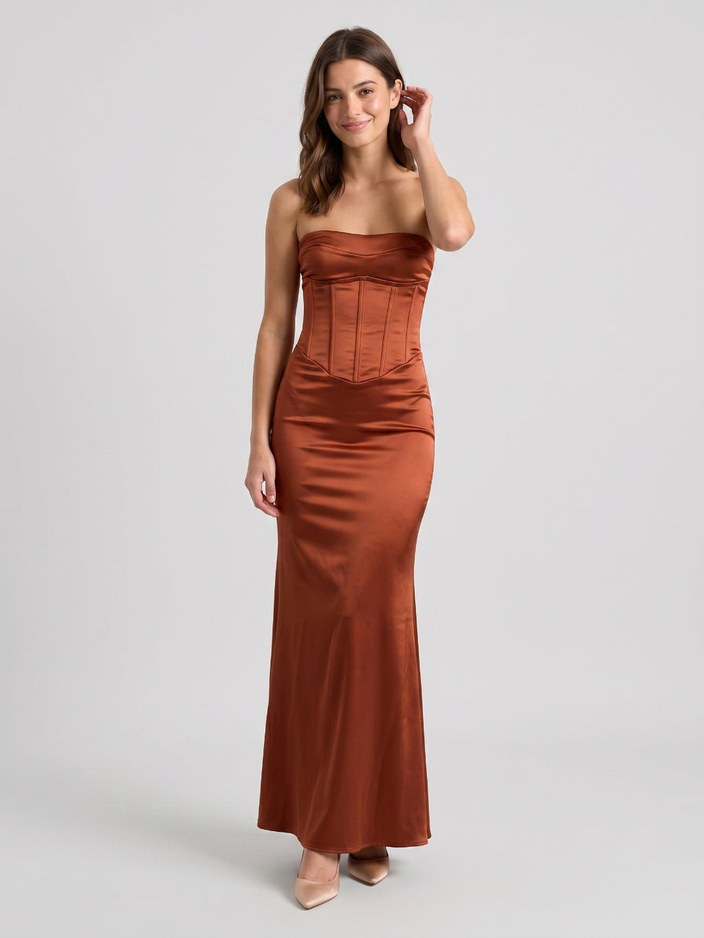 Rust Satin Mermaid Scoop Neck Backless Floor-Length Prom Dress with Pleated Bodice