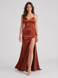 Rust Satin Mermaid V-Neck Backless Floor-Length Prom Dresses