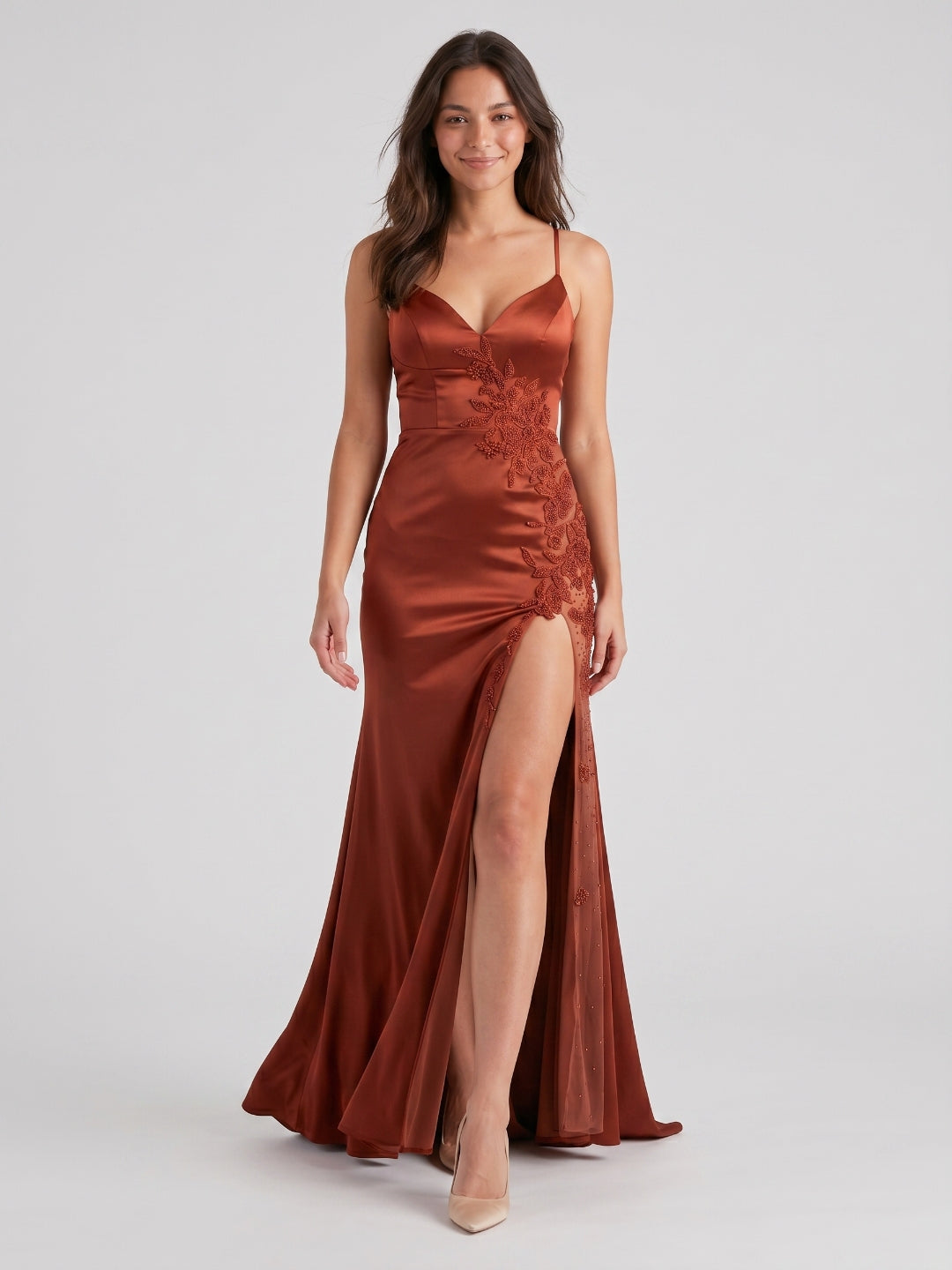 Rust Satin Mermaid V-Neck Backless Floor-Length Prom Dresses