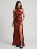 Rust Satin Sheath Halter Back Zip Floor-Length Bridesmaid Dress