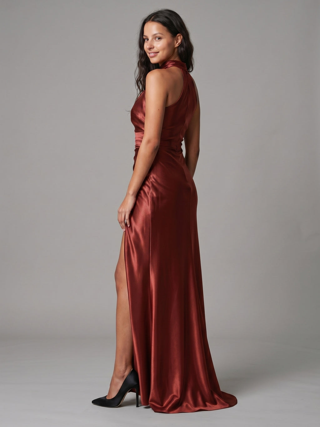 Rust Satin Sheath Halter Back Zip Floor-Length Bridesmaid Dress