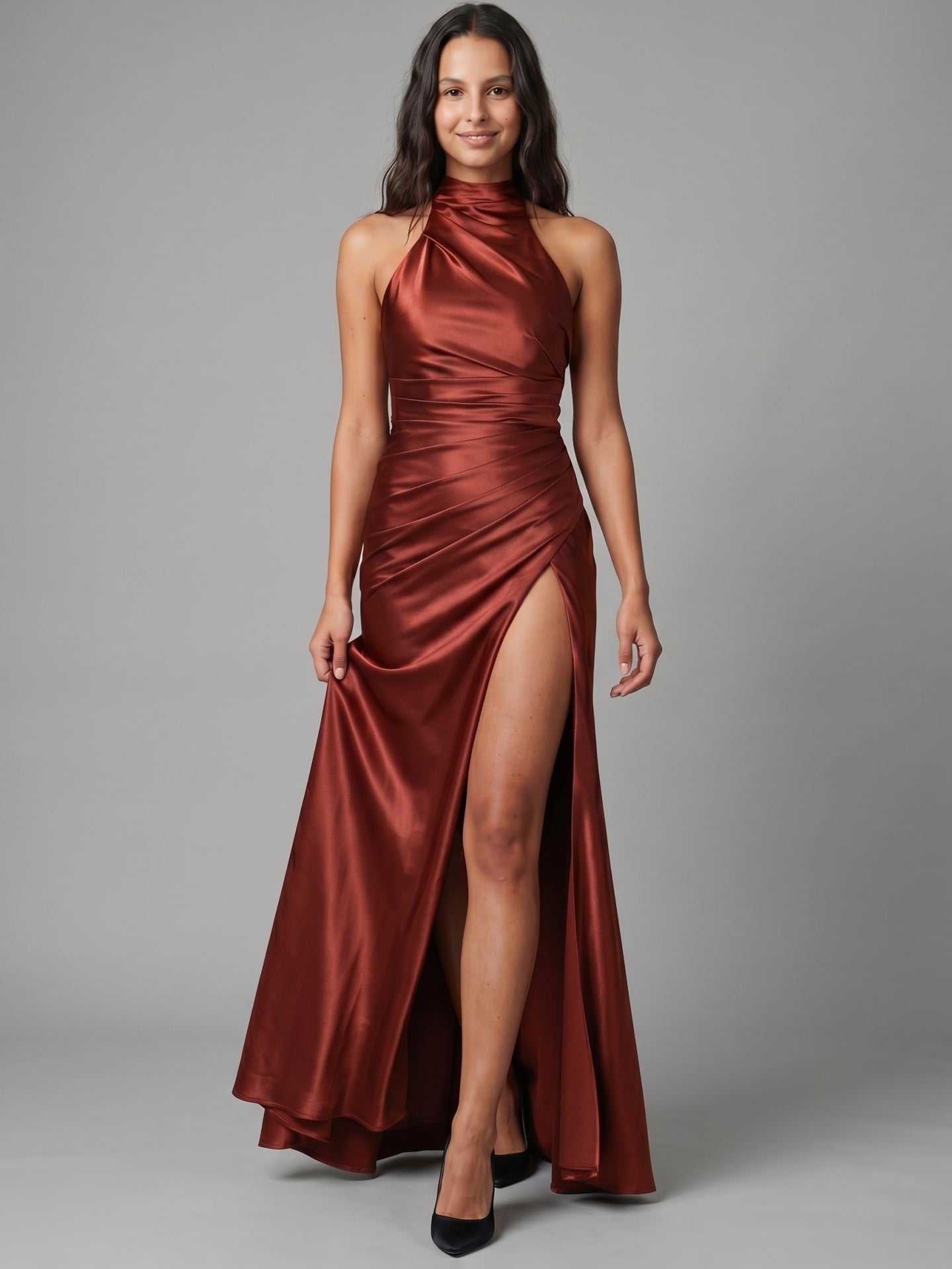 Rust Satin Sheath Halter Back Zip Floor-Length Bridesmaid Dress
