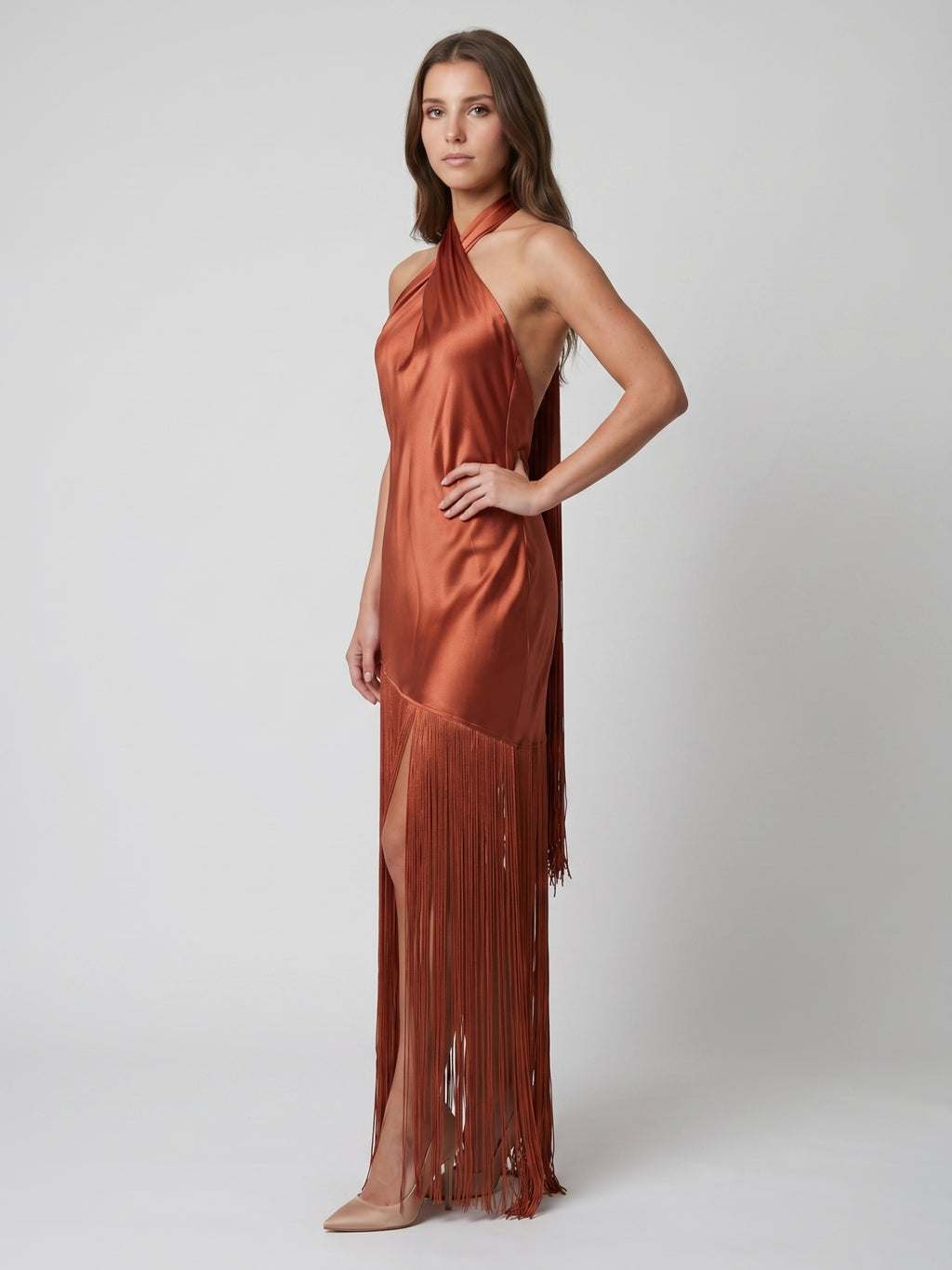 Rust Satin Sheath Halter Neckline Backless Ankle-Length Bridesmaid Dress