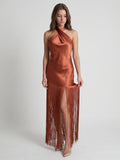 Rust Satin Sheath Halter Neckline Backless Ankle-Length Bridesmaid Dress