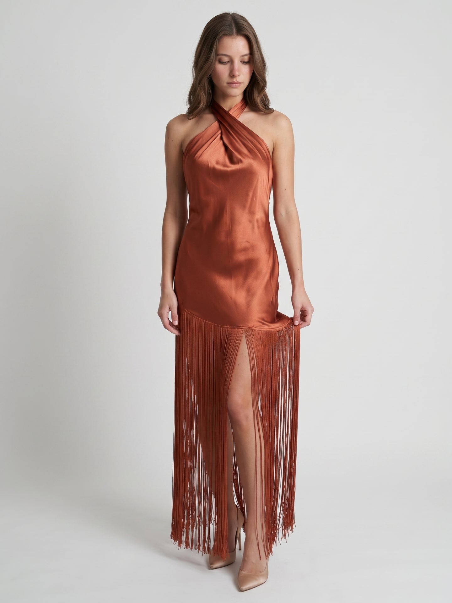 Rust Satin Sheath Halter Neckline Backless Ankle-Length Bridesmaid Dress
