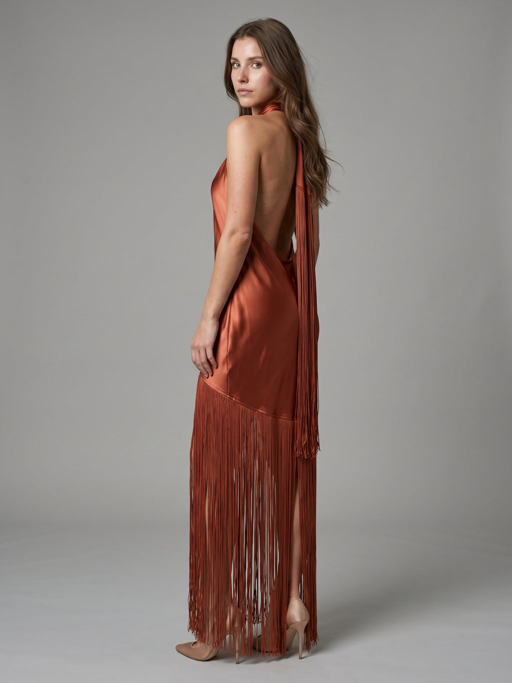 Rust Satin Sheath Halter Neckline Backless Ankle-Length Bridesmaid Dress