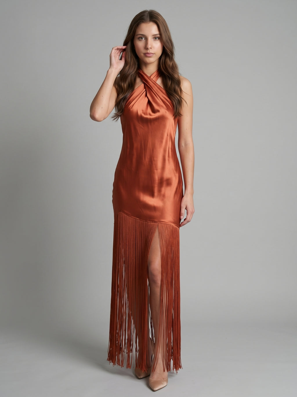 Rust Satin Sheath Halter Neckline Backless Ankle-Length Bridesmaid Dress