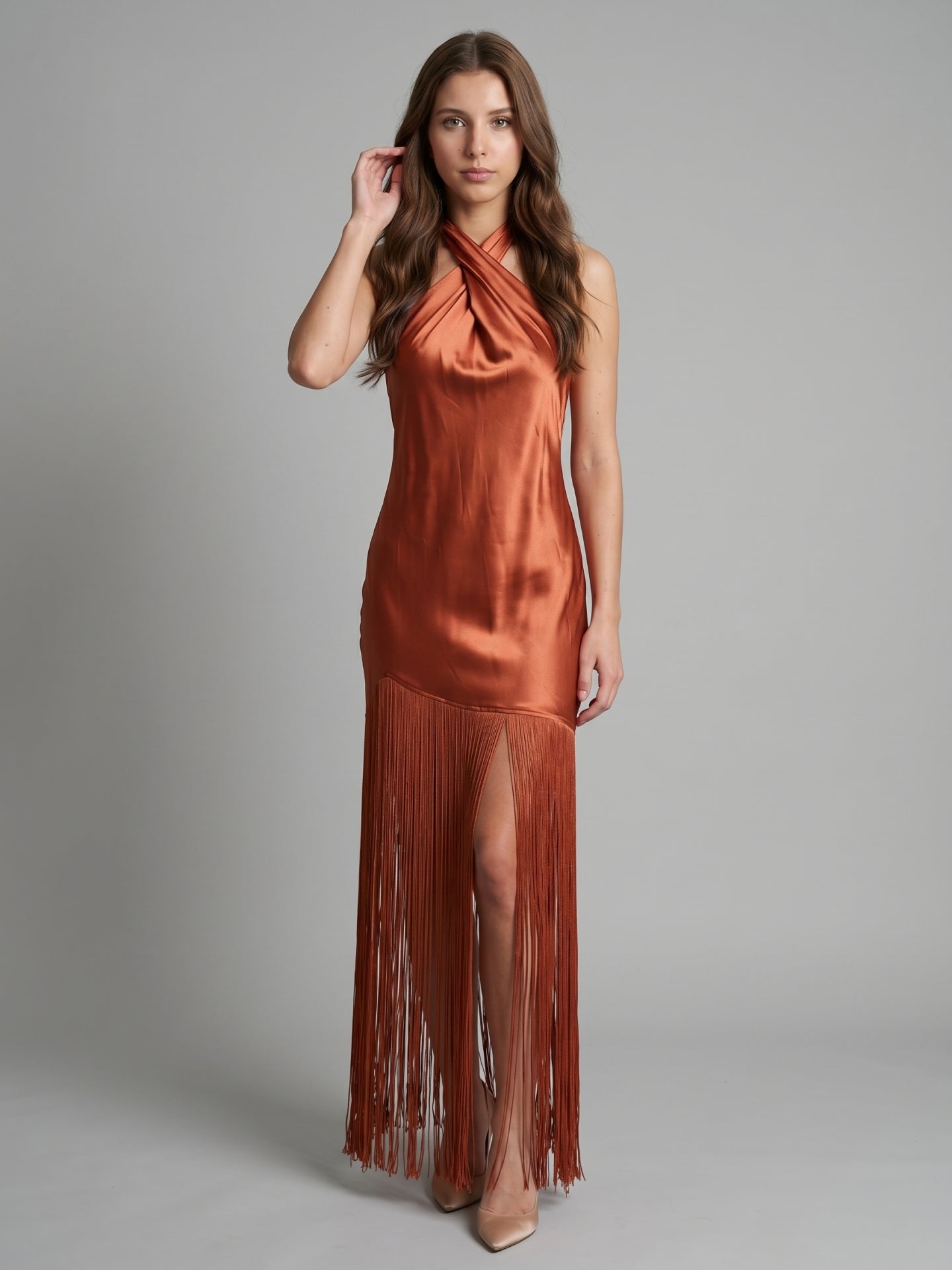 Rust Satin Sheath Halter Neckline Backless Ankle-Length Bridesmaid Dress
