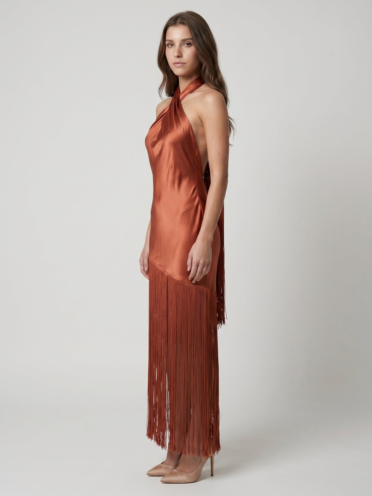 Rust Satin Sheath Halter Neckline Backless Ankle-Length Bridesmaid Dress