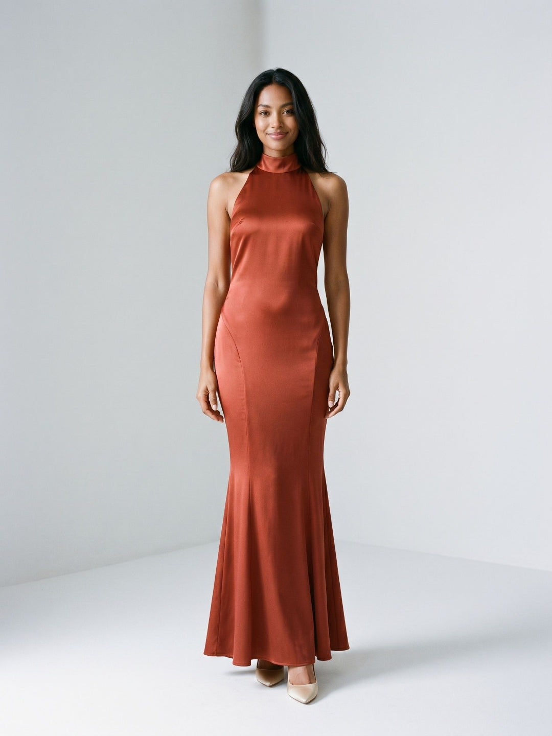 Rust Satin Sheath Halter Neckline Backless Floor-Length Formal Dress with Pleating