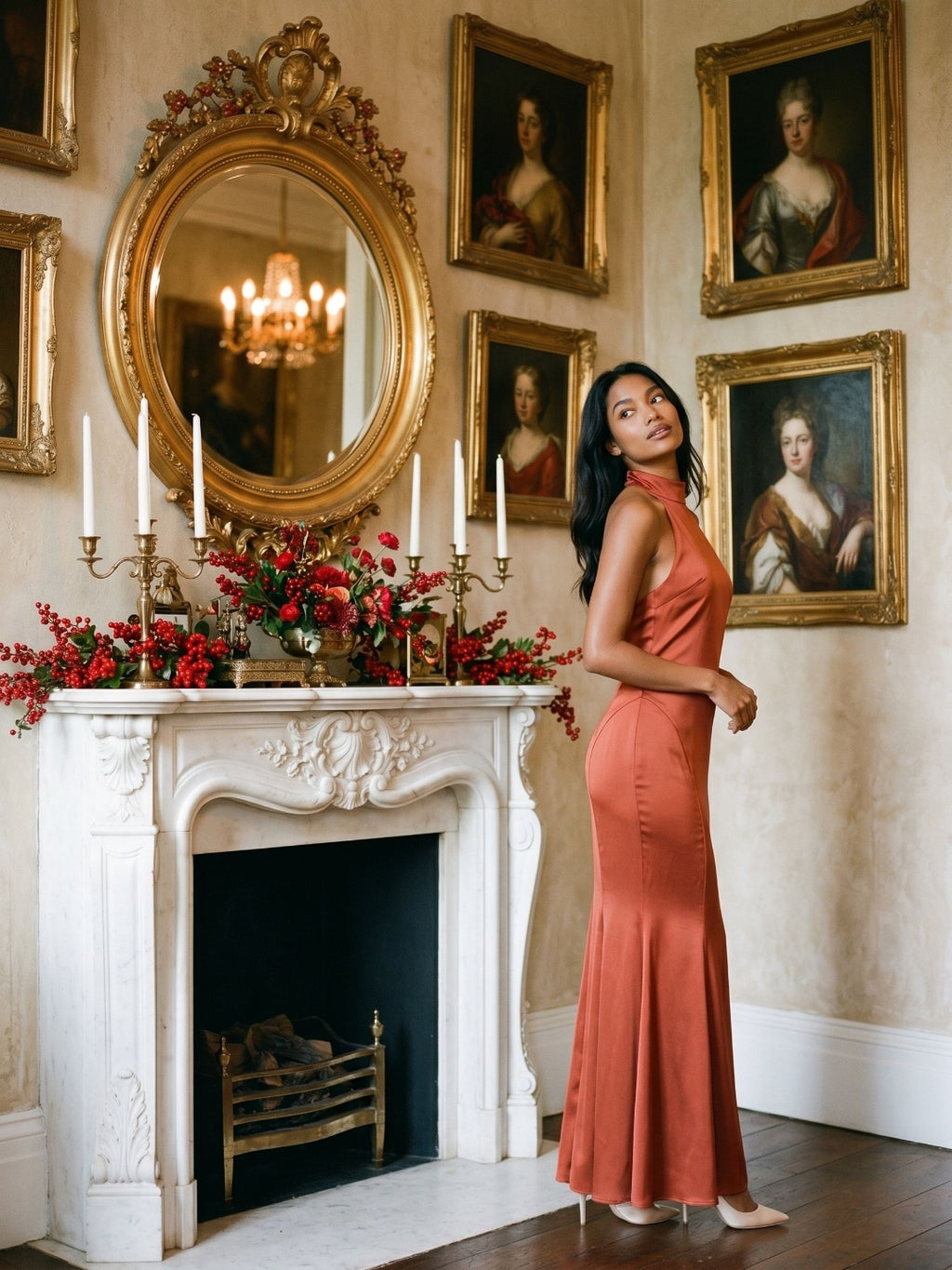 Rust Satin Sheath Halter Neckline Backless Floor-Length Formal Dress with Pleating