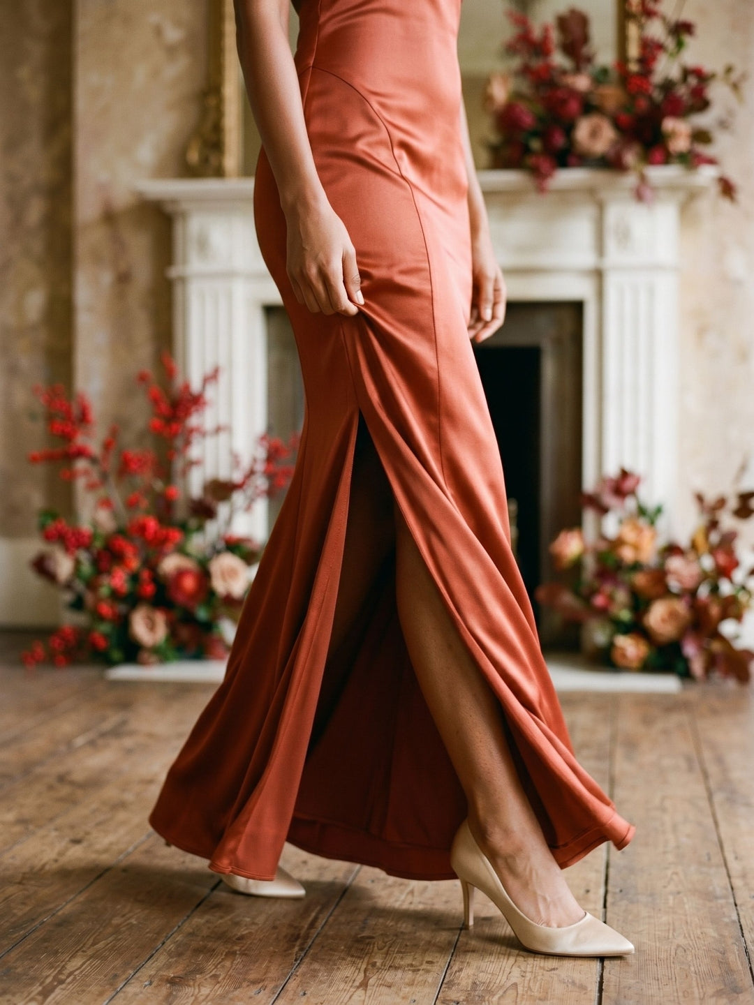 Rust Satin Sheath Halter Neckline Backless Floor-Length Formal Dress with Pleating