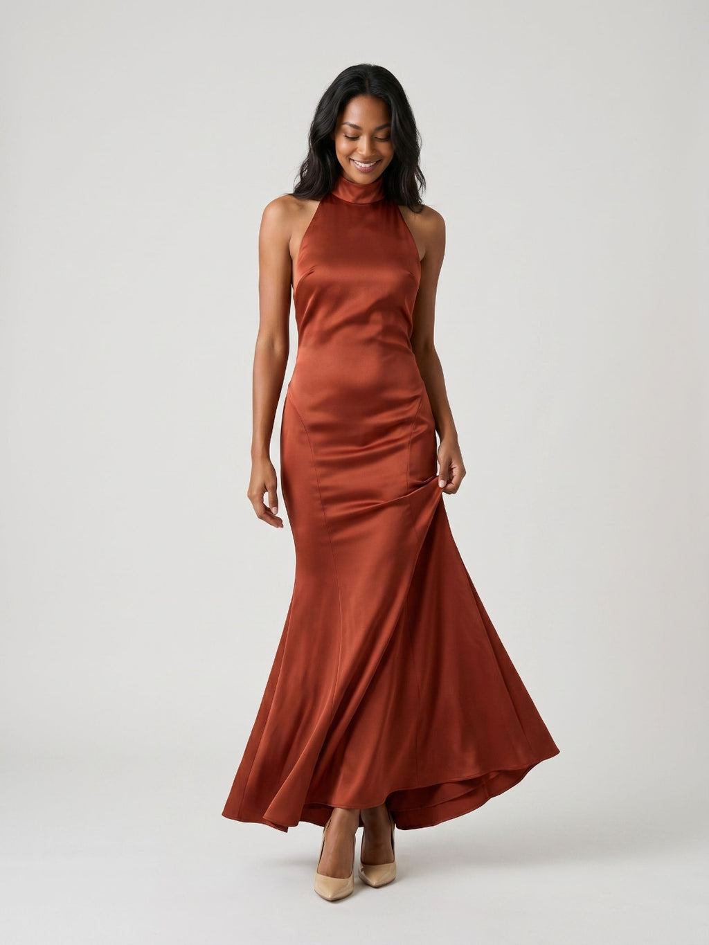 Rust Satin Sheath Halter Neckline Backless Floor-Length Formal Dress with Pleating