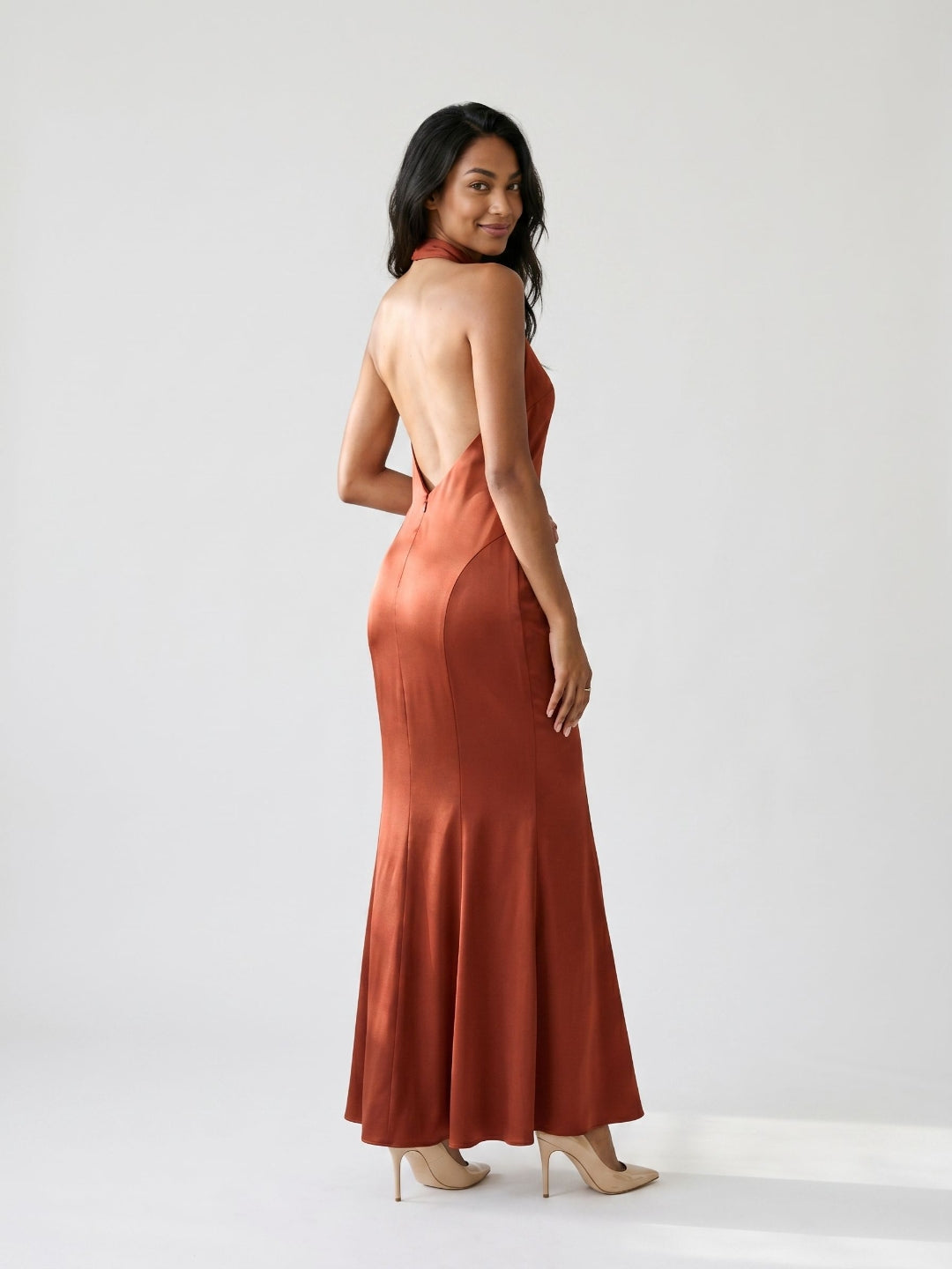 Rust Satin Sheath Halter Neckline Backless Floor-Length Formal Dress with Pleating