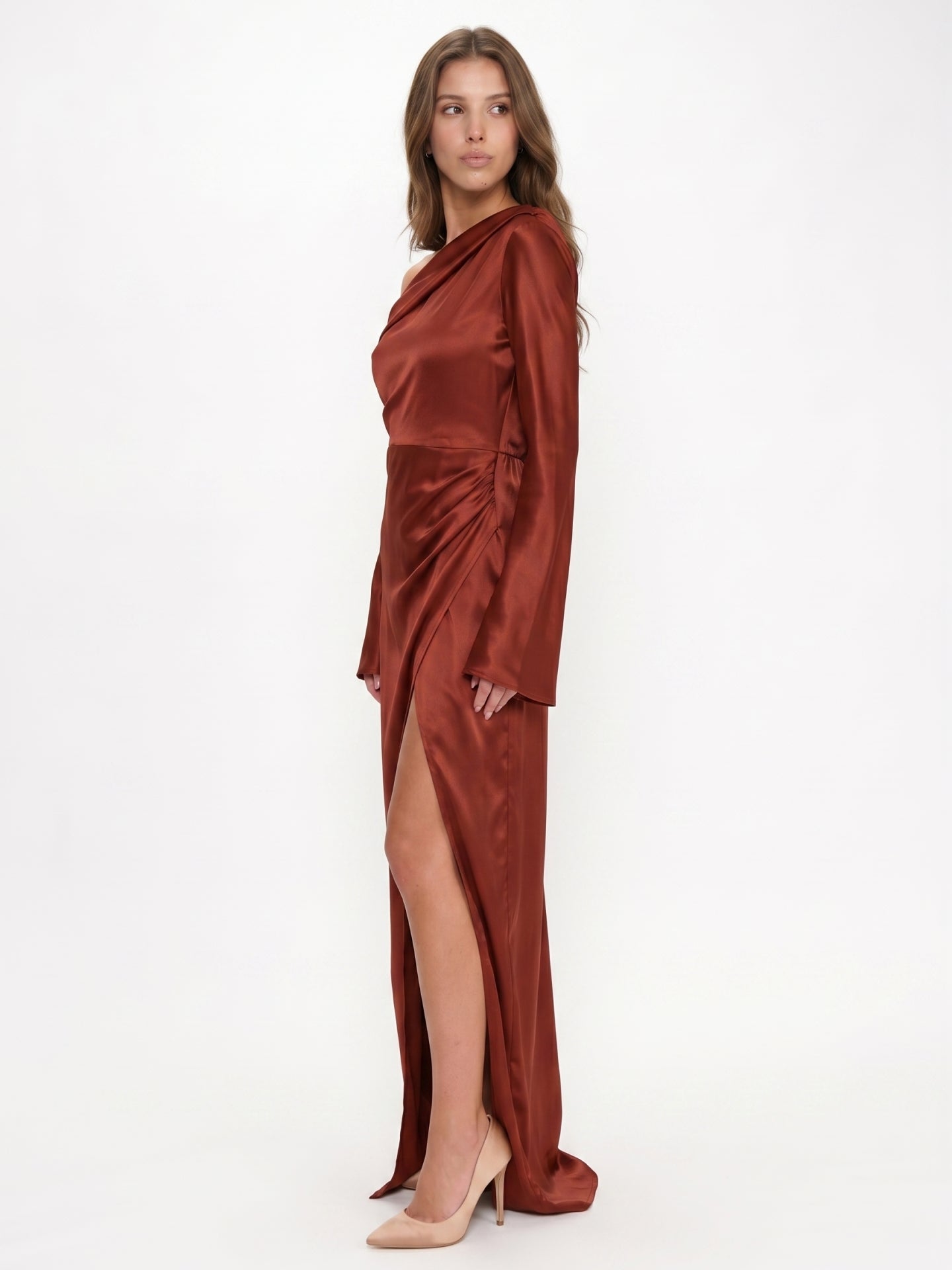 Rust Satin Sheath One Shoulder Floor-Length Bridesmaid Dress