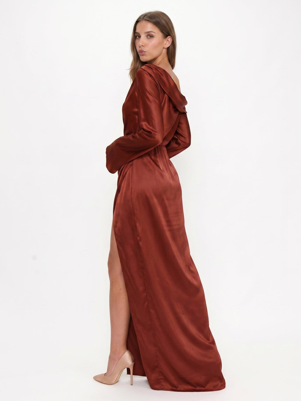 Rust Satin Sheath One Shoulder Floor-Length Bridesmaid Dress