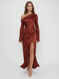 Rust Satin Sheath One Shoulder Floor-Length Bridesmaid Dress