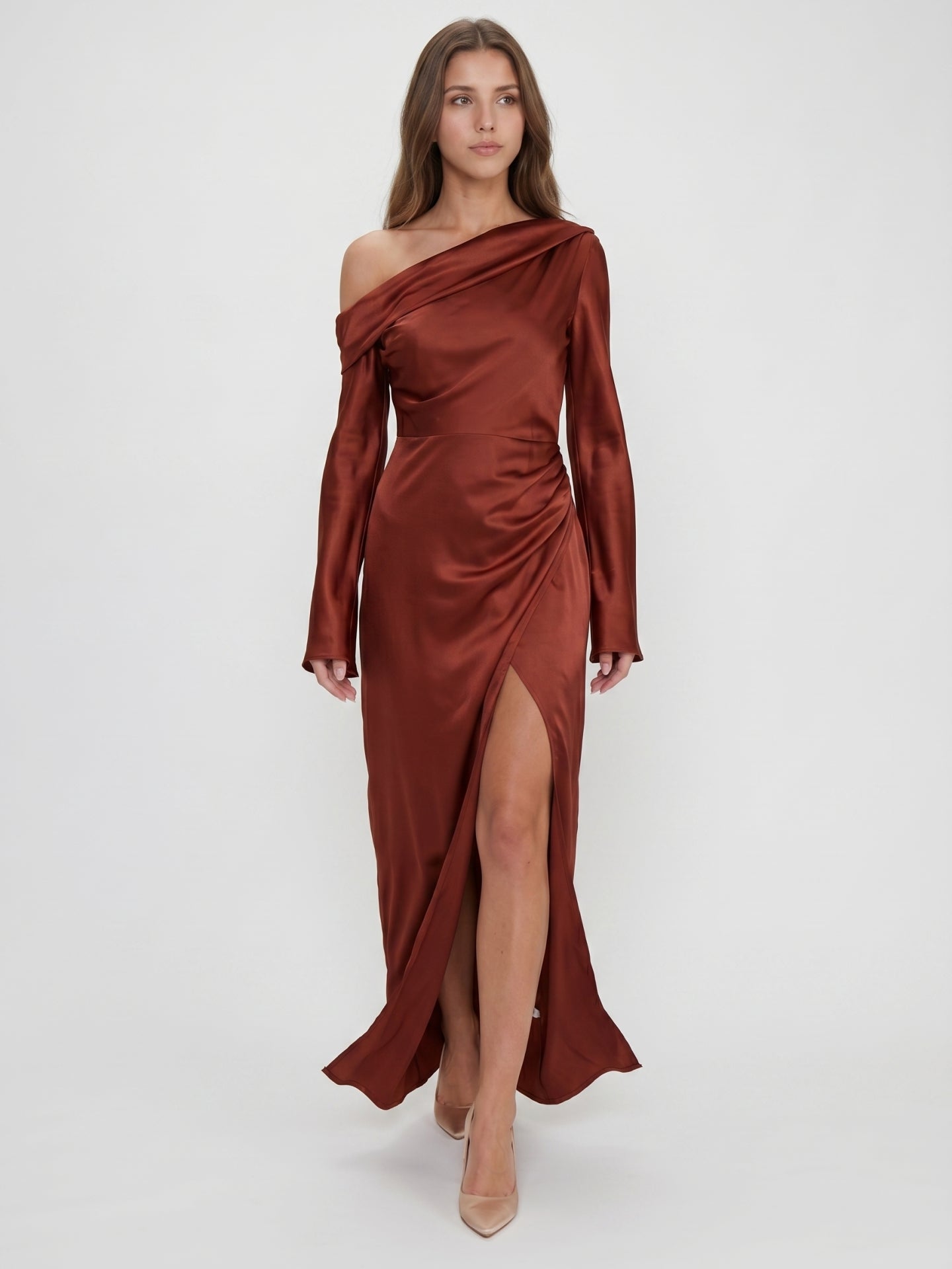 Rust Satin Sheath One Shoulder Floor-Length Bridesmaid Dress