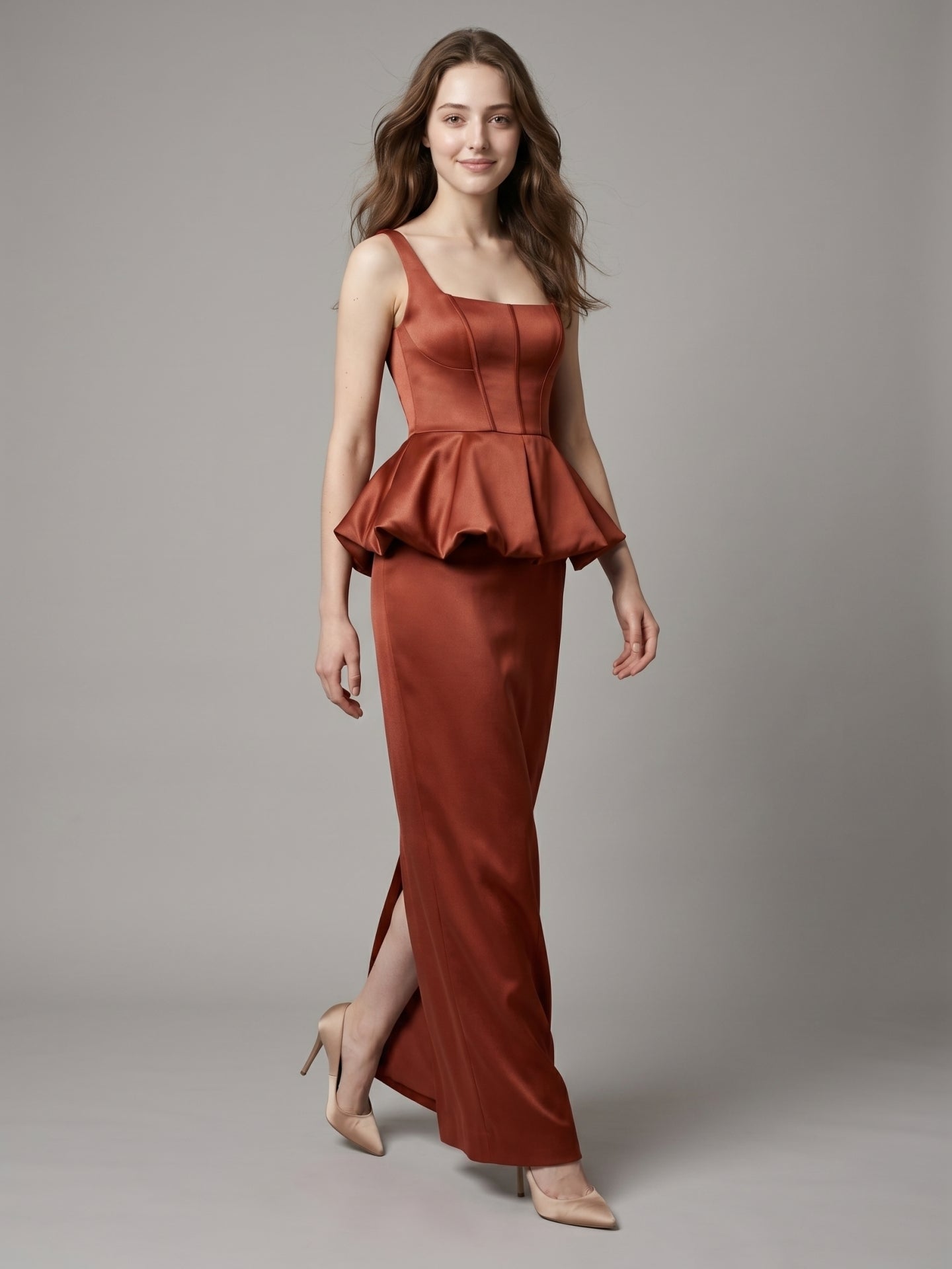 Rust Satin Sheath Square Neck Backless Ankle-Length Bridesmaid Dress with Ruffle