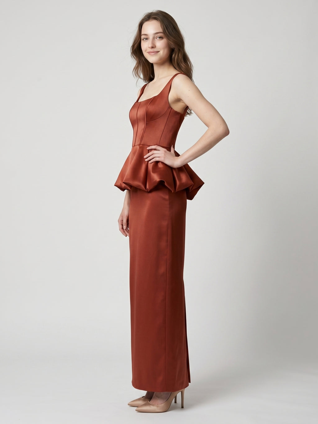 Rust Satin Sheath Square Neck Backless Ankle-Length Bridesmaid Dress with Ruffle