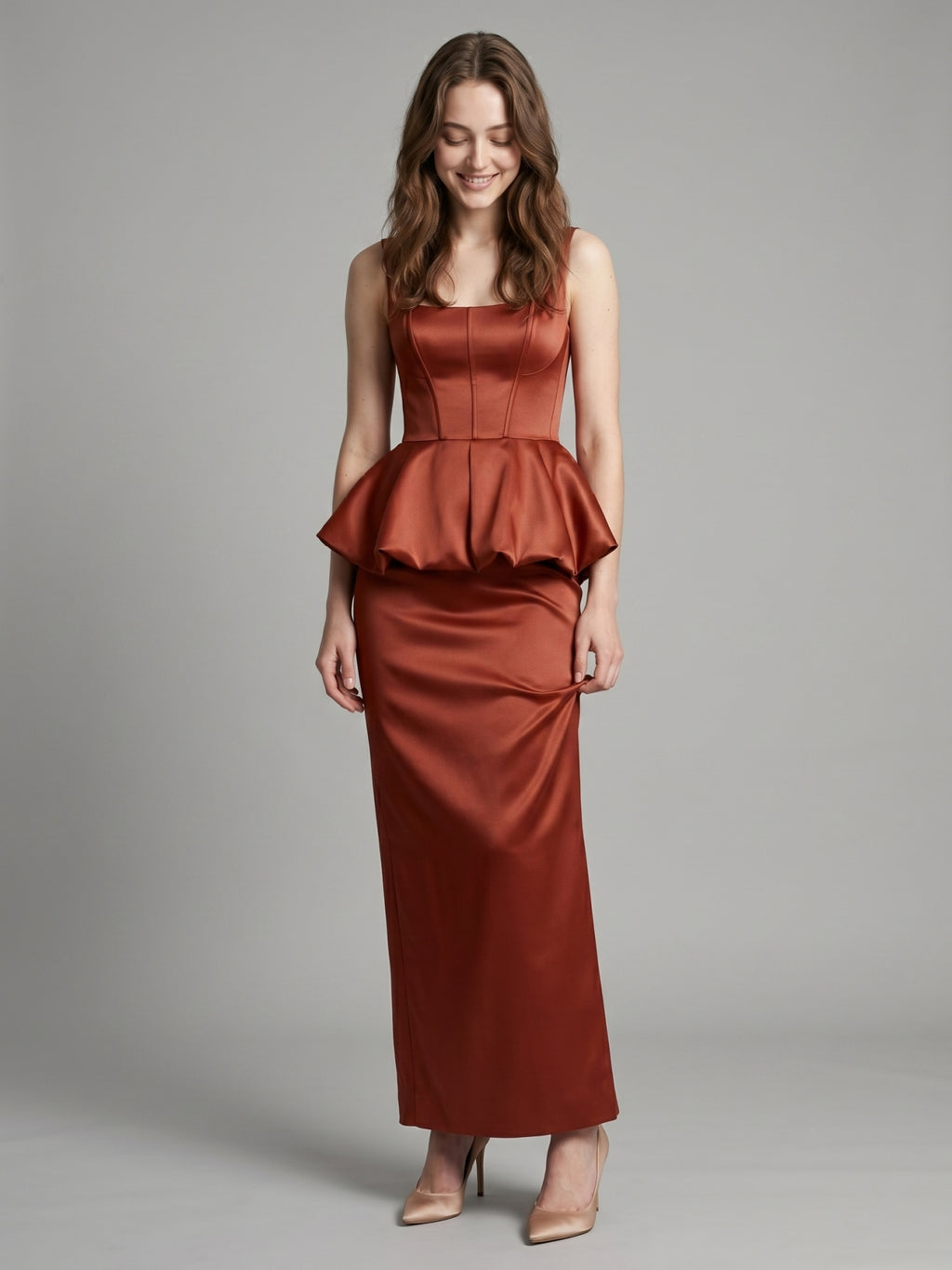 Rust Satin Sheath Square Neck Backless Ankle-Length Bridesmaid Dress with Ruffle