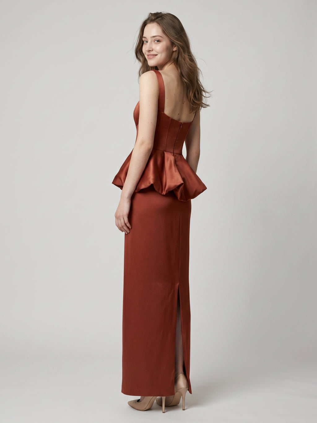 Rust Satin Sheath Square Neck Backless Ankle-Length Bridesmaid Dress with Ruffle