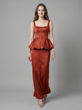 Rust Satin Sheath Square Neck Backless Ankle-Length Bridesmaid Dress with Ruffle