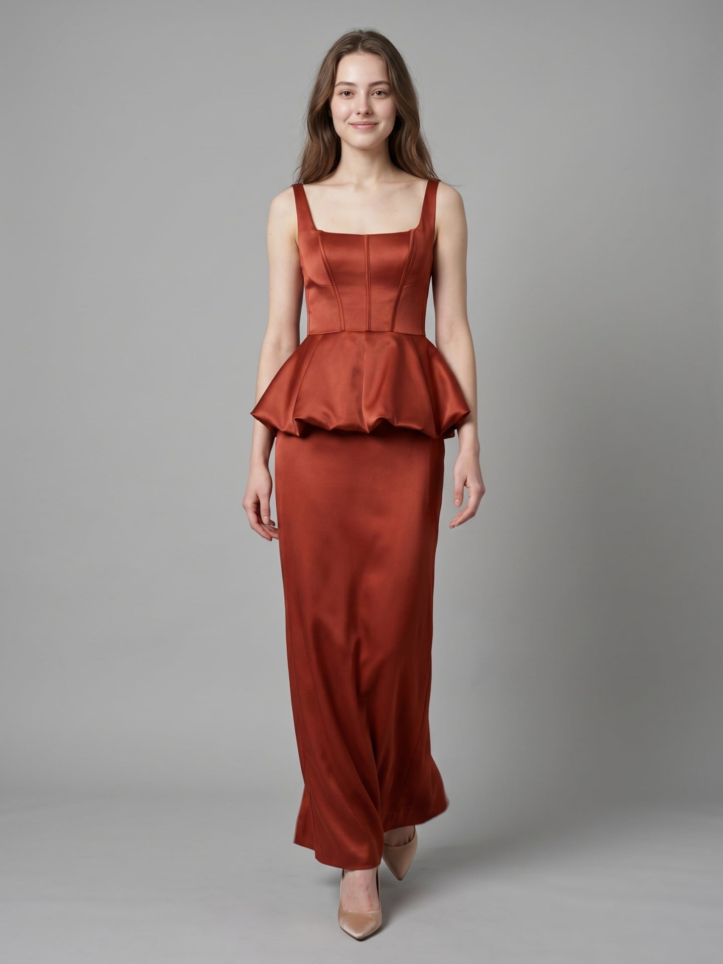 Rust Satin Sheath Square Neck Backless Ankle-Length Bridesmaid Dress with Ruffle