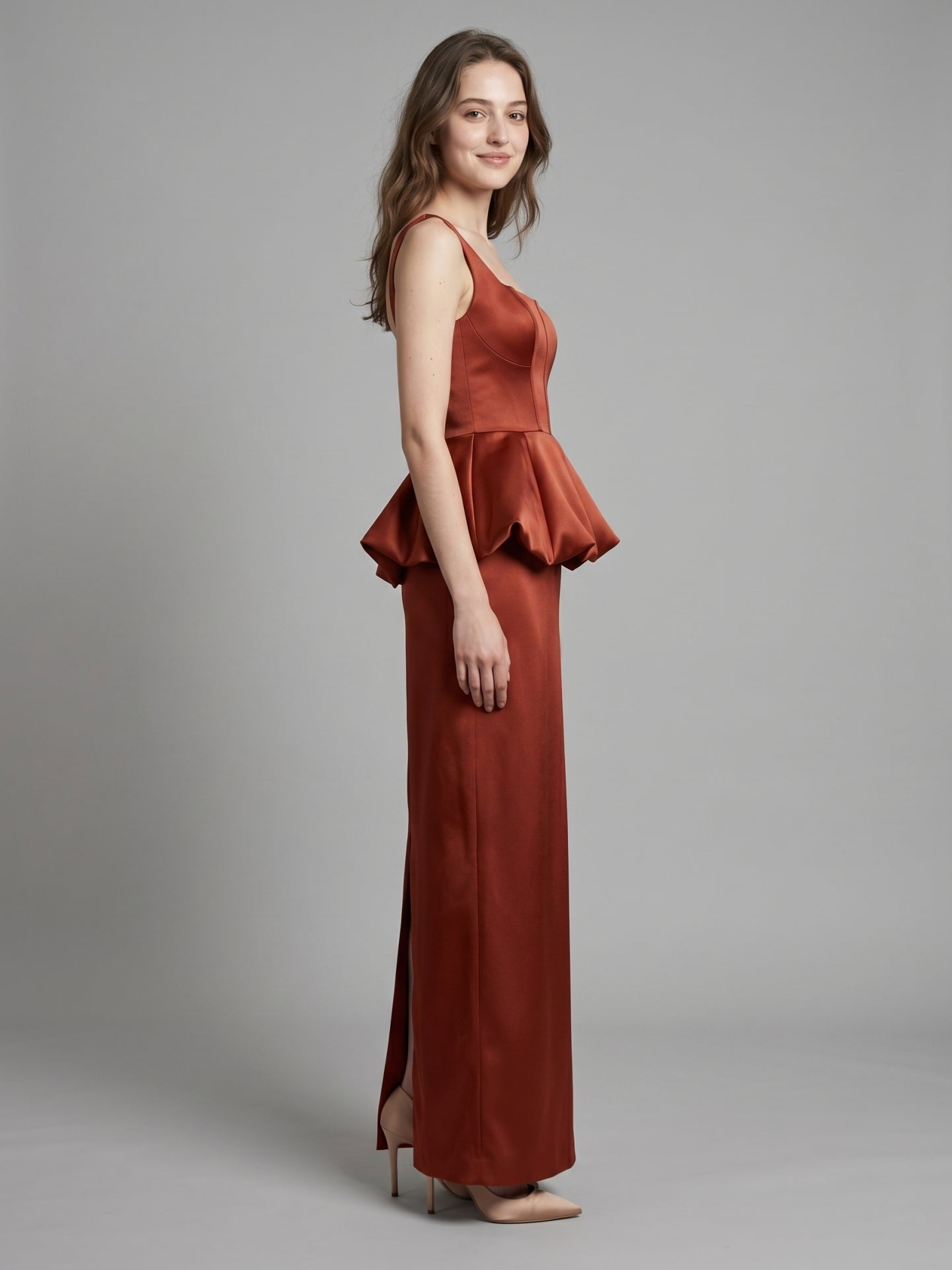 Rust Satin Sheath Square Neck Backless Ankle-Length Bridesmaid Dress with Ruffle