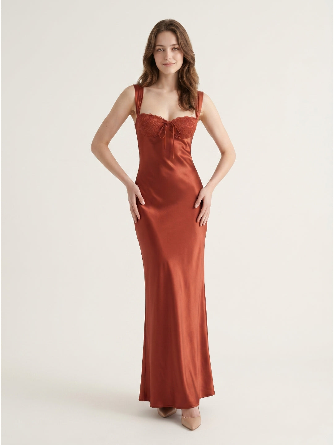 Rust Satin Sheath Sweetheart Backless Floor-Length Prom dress with Pleated Waist
