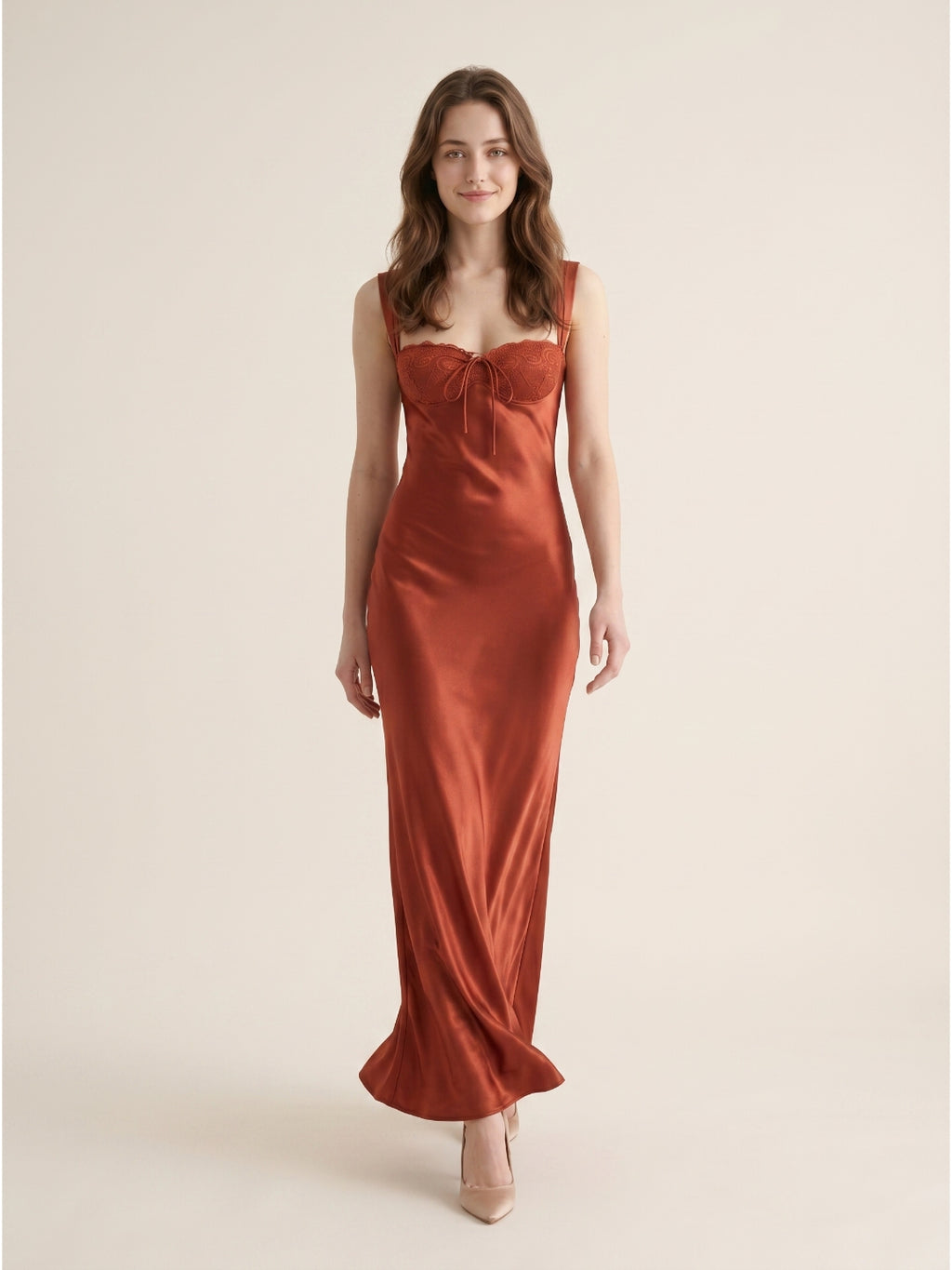 Rust Satin Sheath Sweetheart Backless Floor-Length Prom dress with Pleated Waist