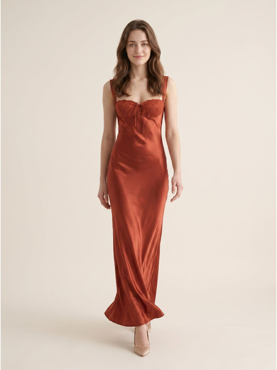 Rust Satin Sheath Sweetheart Backless Floor-Length Prom dress with Pleated Waist
