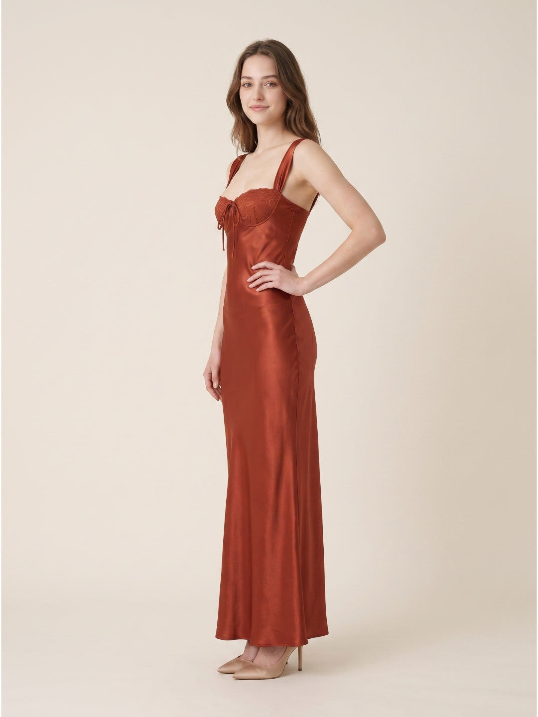 Rust Satin Sheath Sweetheart Backless Floor-Length Prom dress with Pleated Waist
