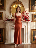 Rust Satin Sheath Sweetheart Backless Floor-Length Prom dress with Pleated Waist
