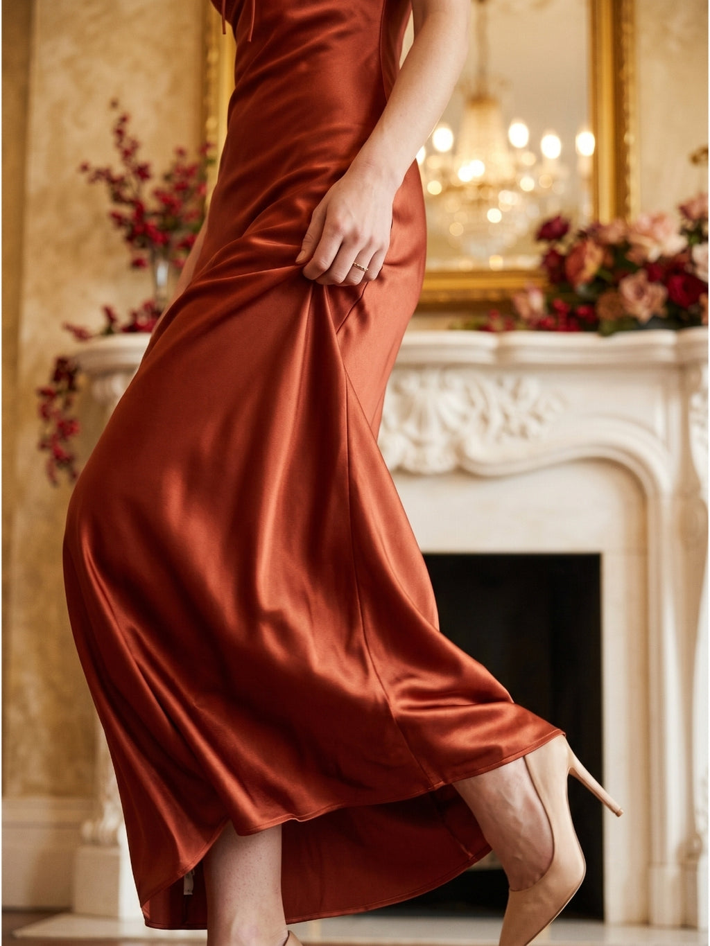 Rust Satin Sheath Sweetheart Backless Floor-Length Prom dress with Pleated Waist