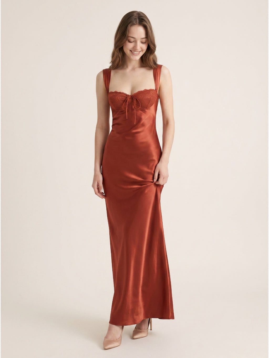 Rust Satin Sheath Sweetheart Backless Floor-Length Prom dress with Pleated Waist