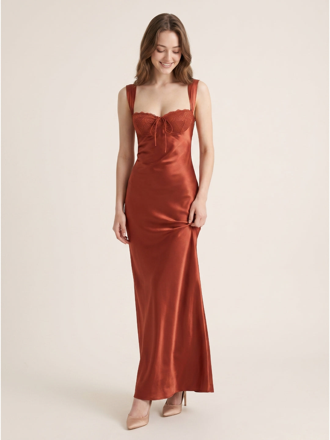 Rust Satin Sheath Sweetheart Backless Floor-Length Prom dress with Pleated Waist