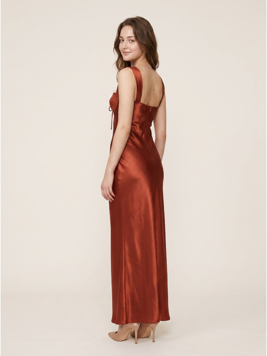 Rust Satin Sheath Sweetheart Backless Floor-Length Prom dress with Pleated Waist