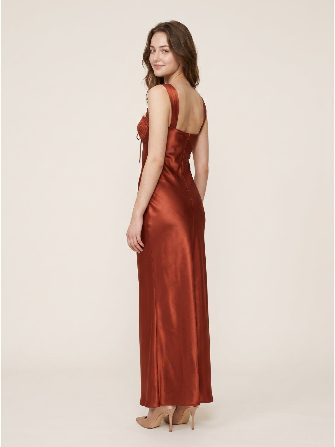 Rust Satin Sheath Sweetheart Backless Floor-Length Prom dress with Pleated Waist