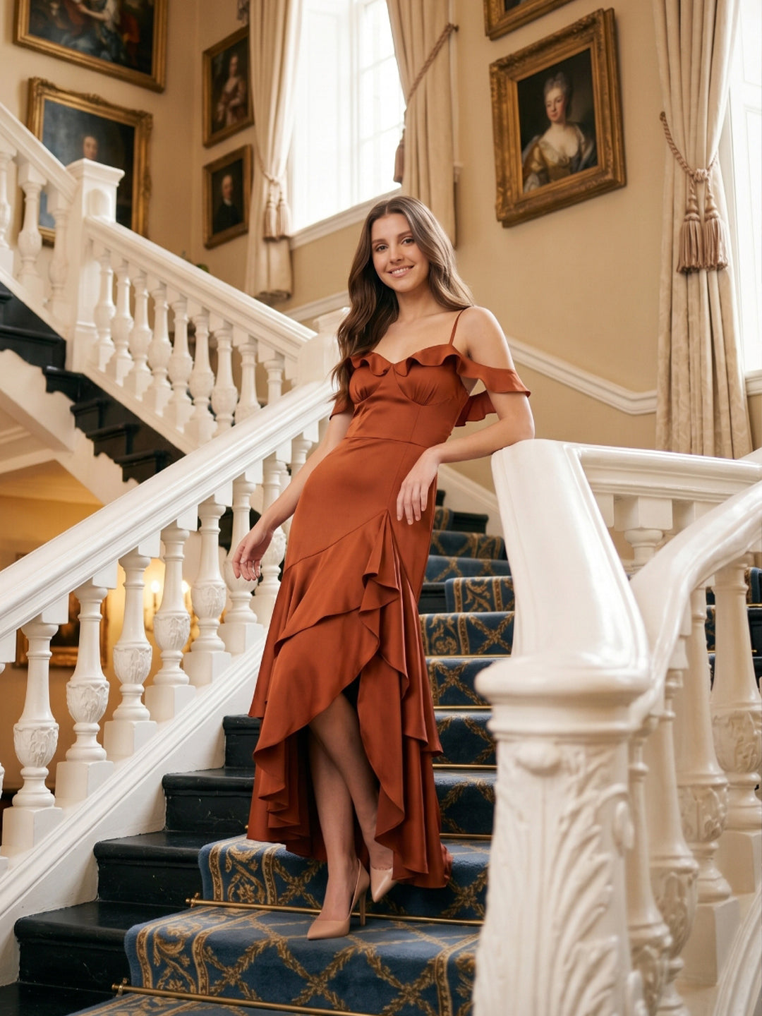Rust Satin Sheath V-Neck Back Zip Asymmetrical Bridesmaid Dress with Cascading Ruffles