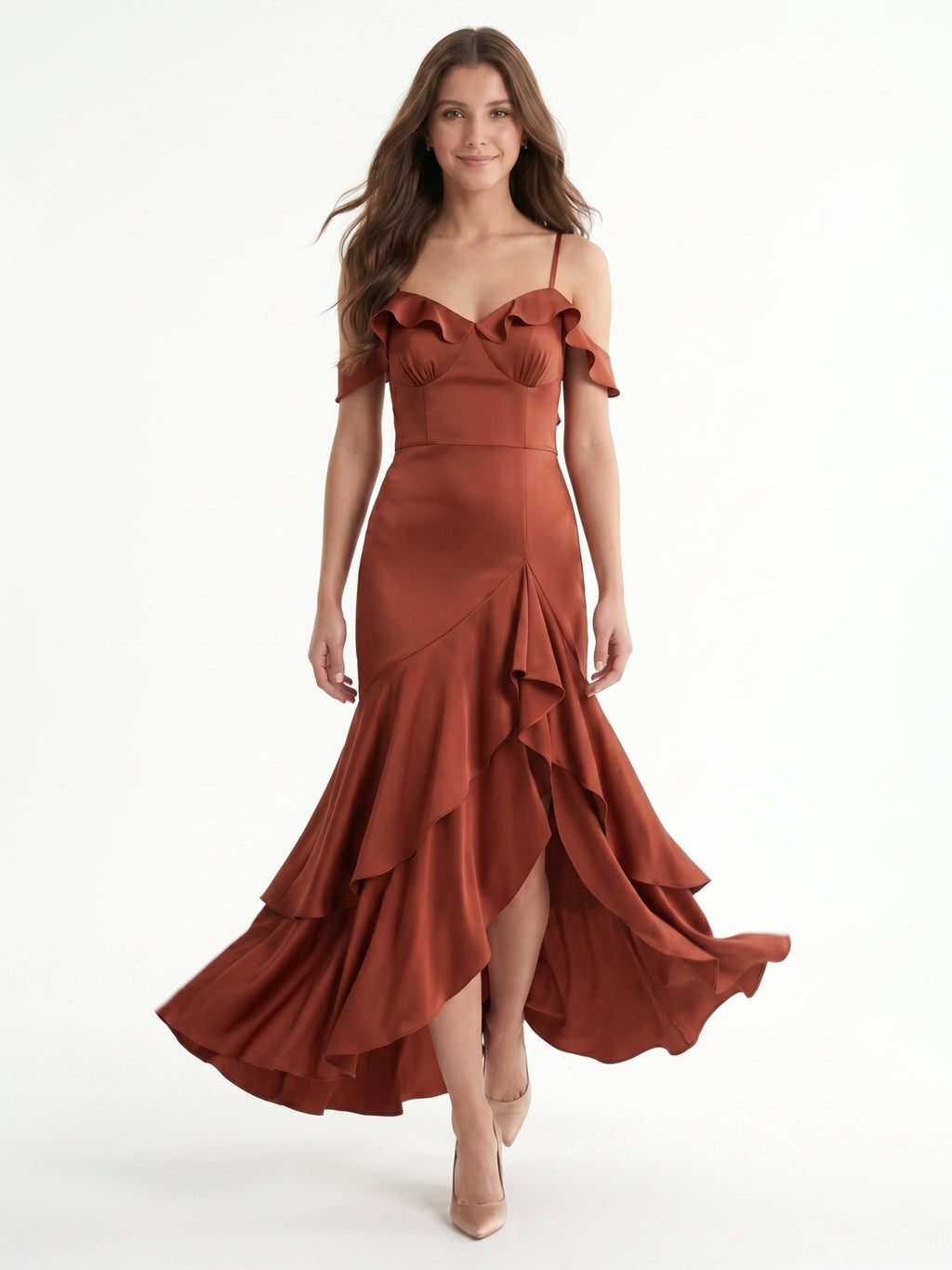 Rust Satin Sheath V-Neck Back Zip Asymmetrical Bridesmaid Dress with Cascading Ruffles
